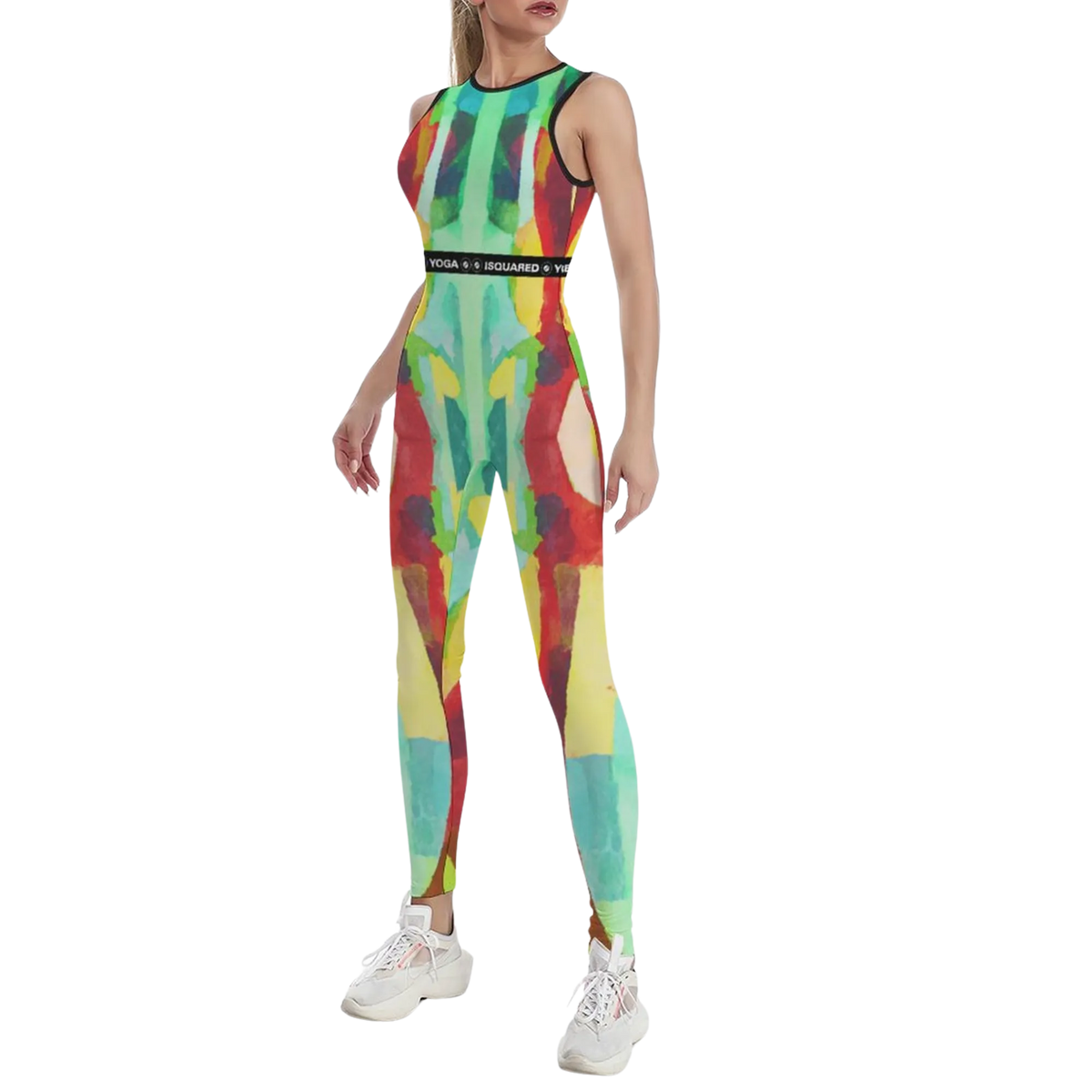 Sleeveless iSquared jumpsuit featuring a colorful abstract pattern in green, red, and yellow, worn with white sneakers.