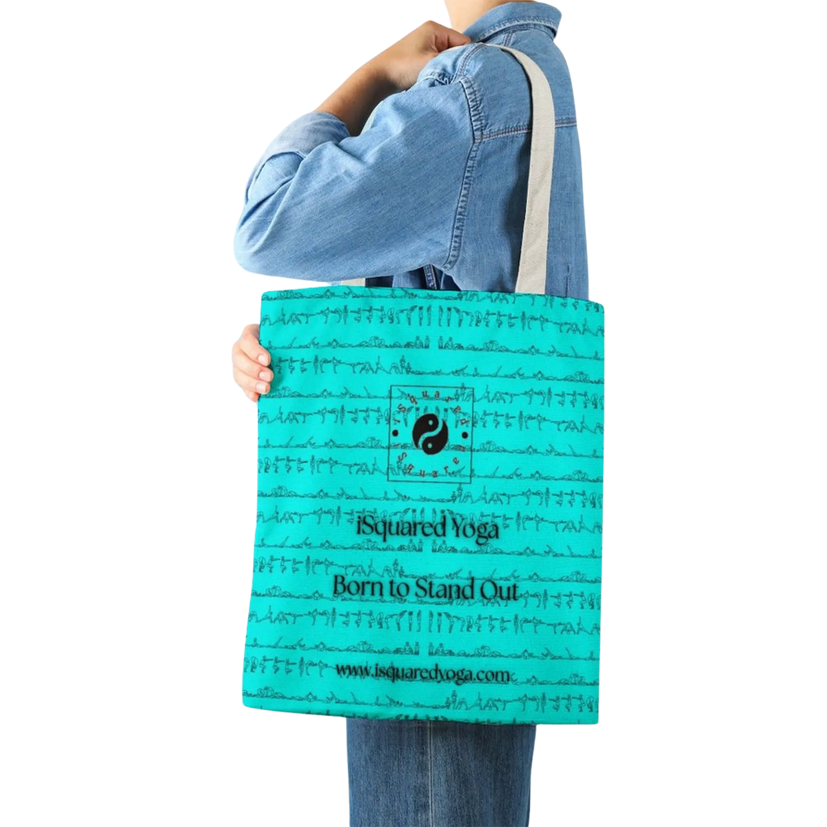 Turquoise iSquared Tote Bag featuring black yoga posture prints, held by a model with denim shirt, showcasing its design.