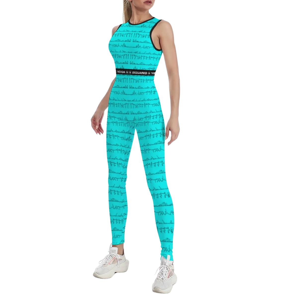 Sleeveless turquoise jumpsuit with a body-contouring fit, featuring a yoga posture print, styled with white sneakers.