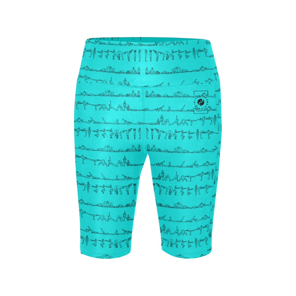 High-waisted biker shorts in teal featuring a repeating Bikram yoga pose print, designed for comfort and freedom of movement.