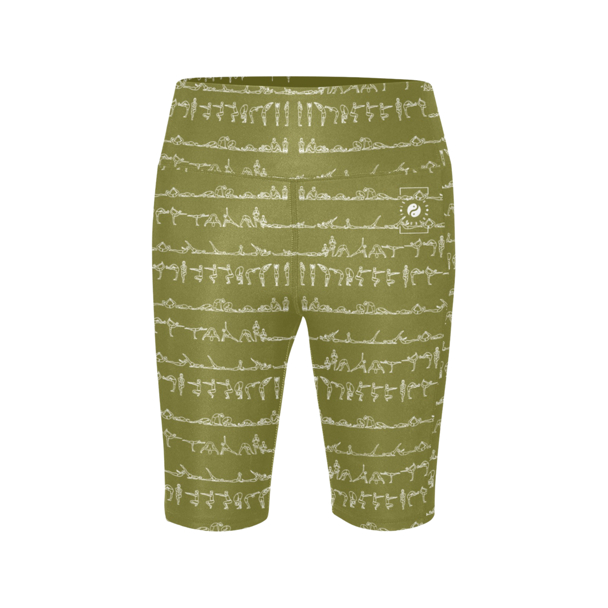 Bikram Ember iSquared Maureen Shorts in olive green with white yoga pose patterns, high-waisted and biker-length design.