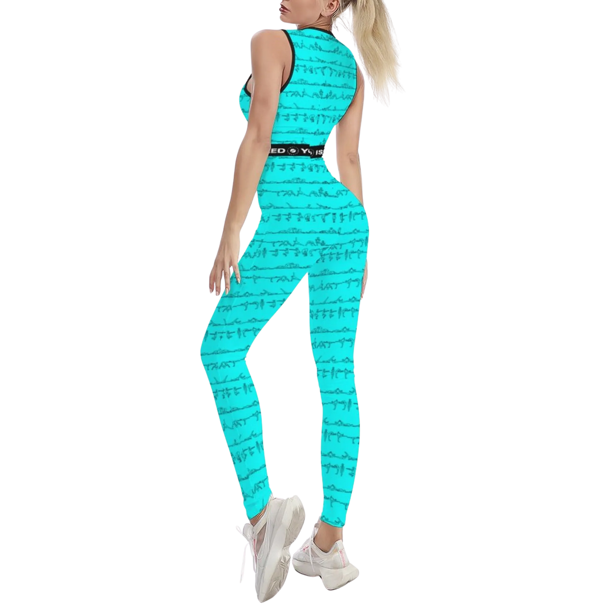 Sleeveless turquoise jumpsuit with an all-over intricate print, worn with white sneakers, showcasing a fitted silhouette.