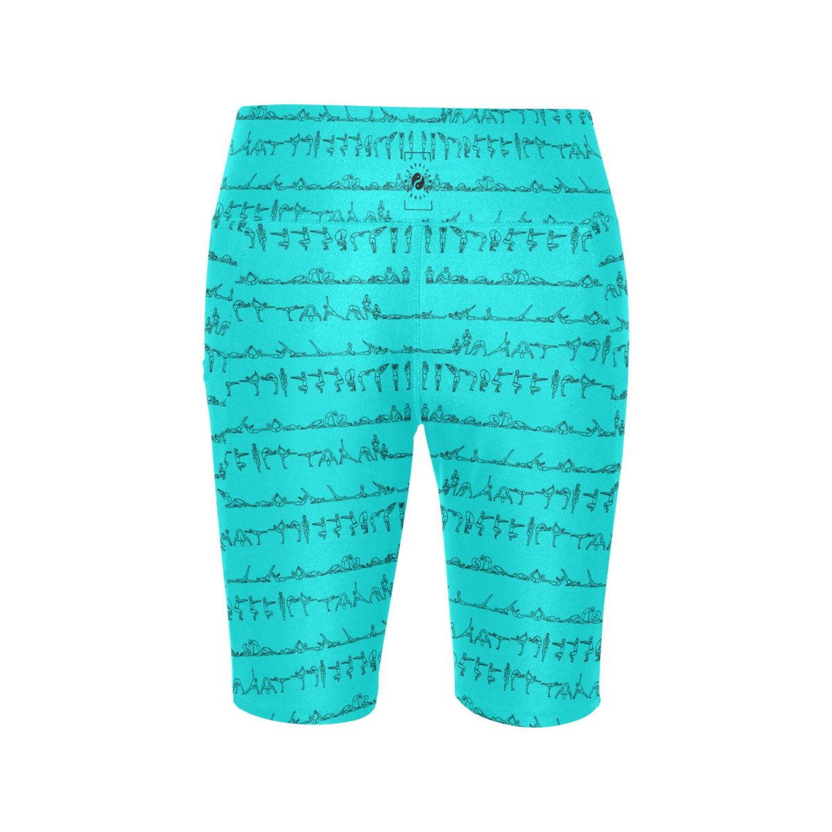 Bikram Series iSquared Maureen Shorts in bright aqua featuring a graphic print of yoga poses, high-waisted and biker-length design.