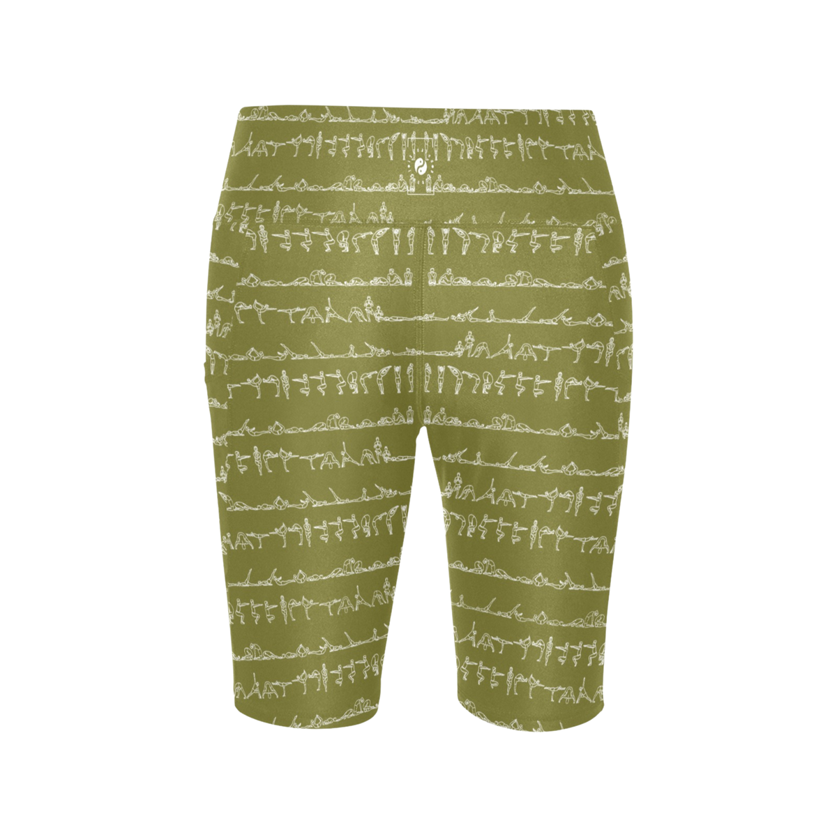 High-waisted biker shorts in olive green with white yoga pose graphic detailing throughout. Ideal for active movement.