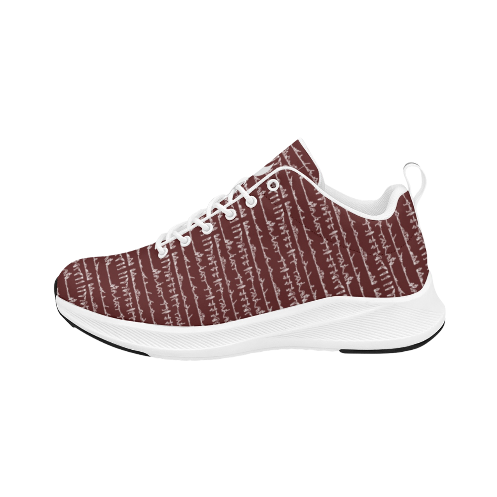 Bikram Ember iSquared Men Runners in burgundy with white abstract pattern, featuring a breathable faux suede upper and cushioned sole.
