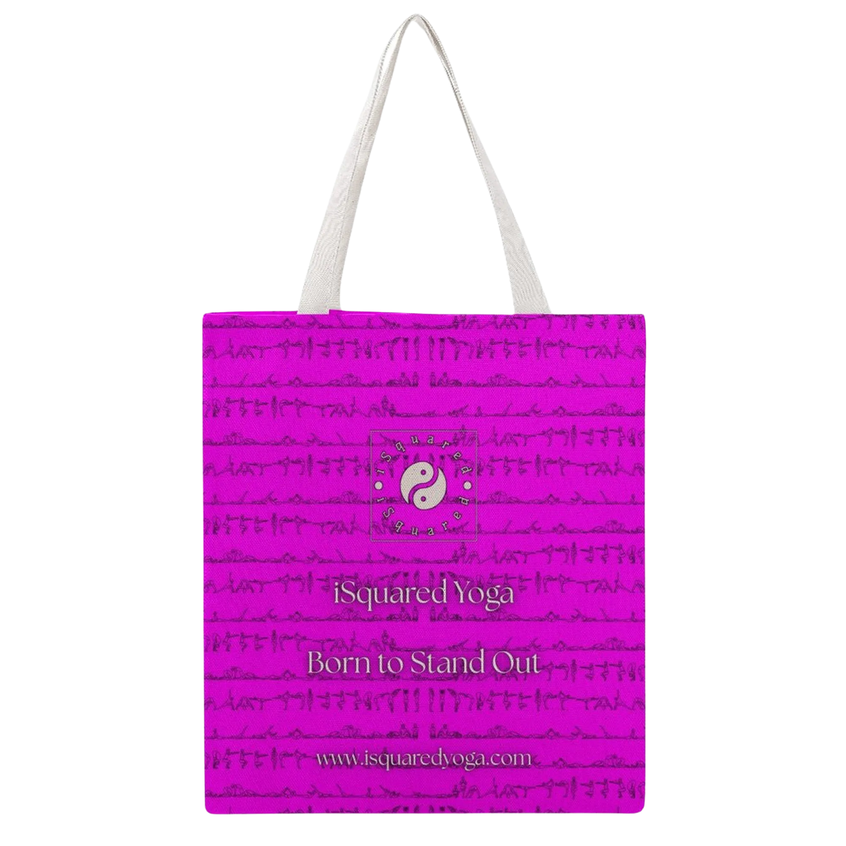 Bright pink tote bag featuring yoga-inspired patterns, white straps, and the iSquared Yoga logo with "Born to Stand Out" text.