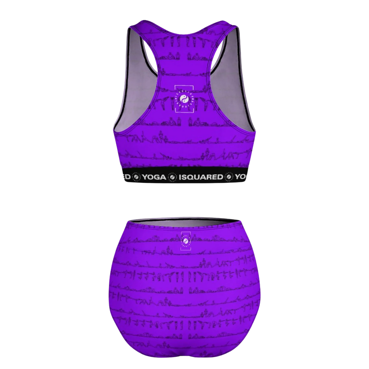Purple Bikram Series hot yoga bikini set featuring an all-over yoga pose print, with a supportive racerback top and high-waisted bottom.
