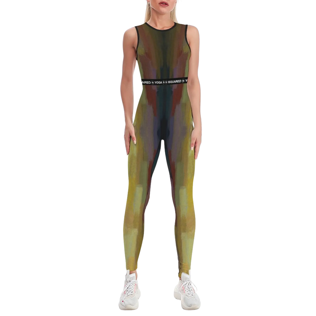Sleeveless athletic jumpsuit in an abstract multicolor pattern, featuring a body-hugging fit and high waistband.