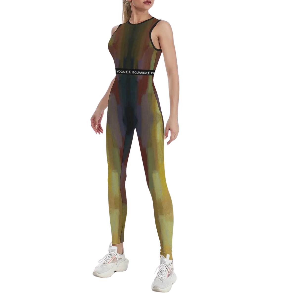 Sleeveless athletic jumpsuit featuring a multicolored abstract pattern, fitted silhouette, and a logo waistband.