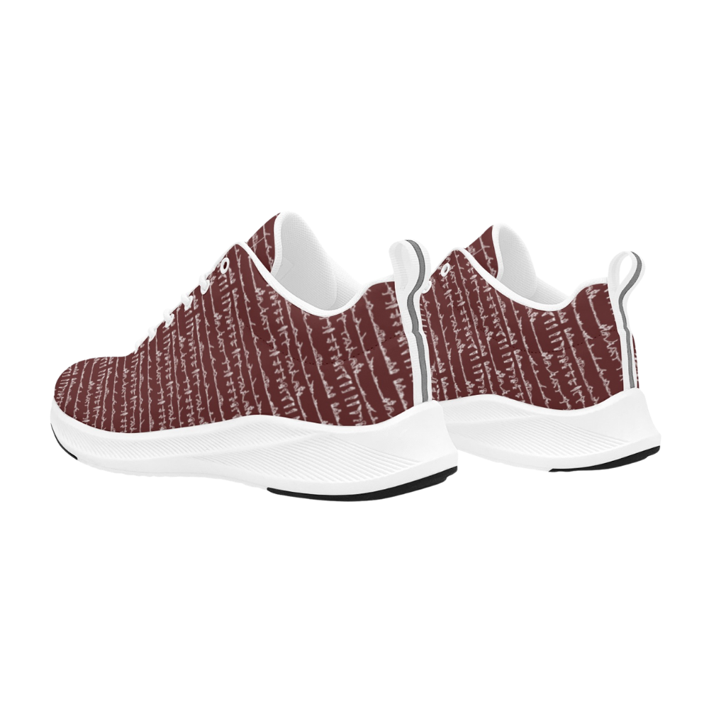 Bikram Ember iSquared Men Runners in maroon with white geometric pattern, featuring breathable faux suede and reflective accents.