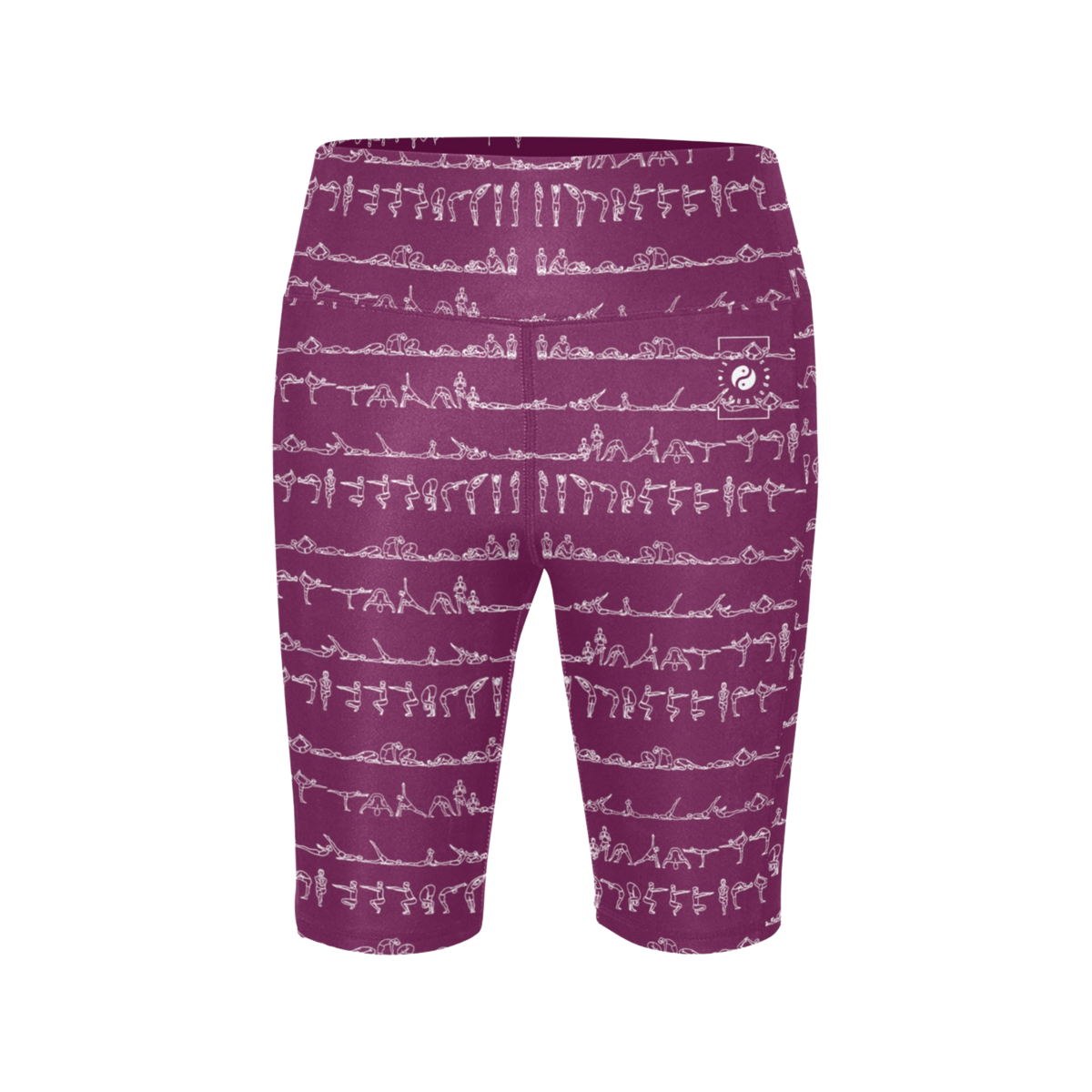 Bikram ember iSquared Maureen Shorts in deep purple with white yoga pose patterns and high-waisted biker length design.
