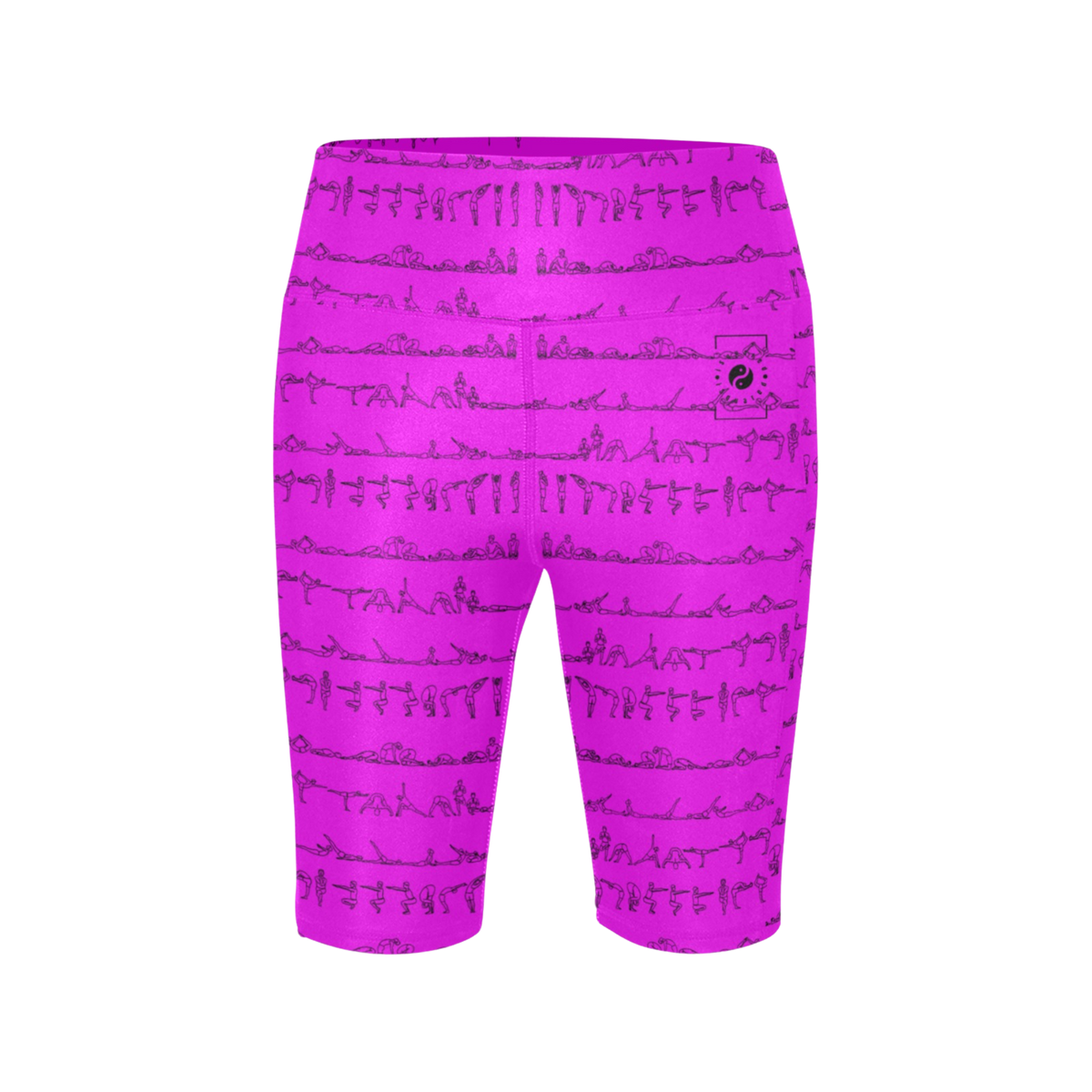 High-waisted biker shorts in bright pink with a print of yoga postures, designed for comfort and performance.