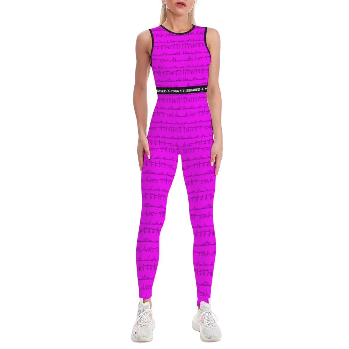 Sleeveless pink jumpsuit with unique Bikram yoga print, fitted style, worn with white sneakers.