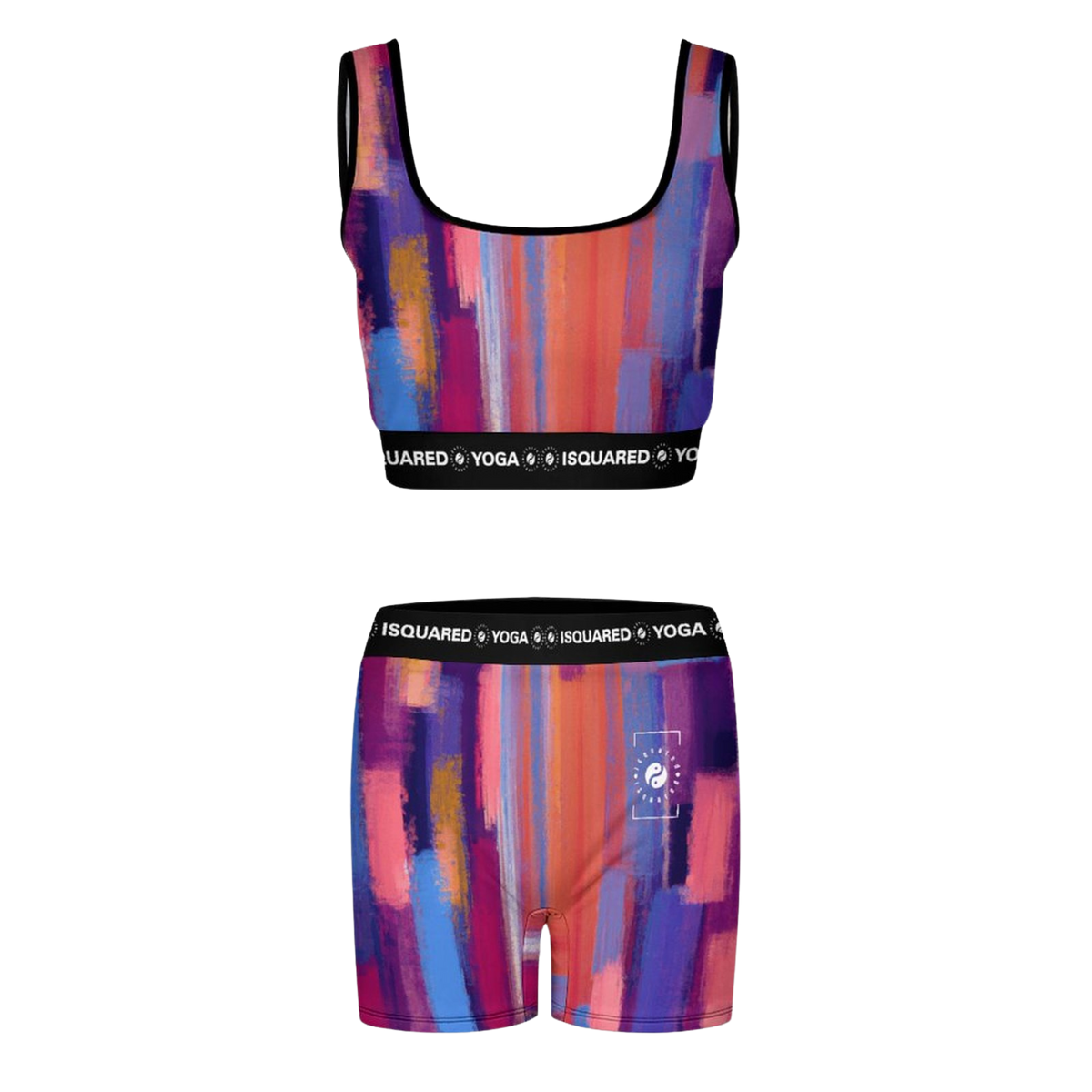 Colorful iSquared Yoga Set featuring a scoop-neck crop top and matching high-waisted shorts in vibrant brushstroke patterns.