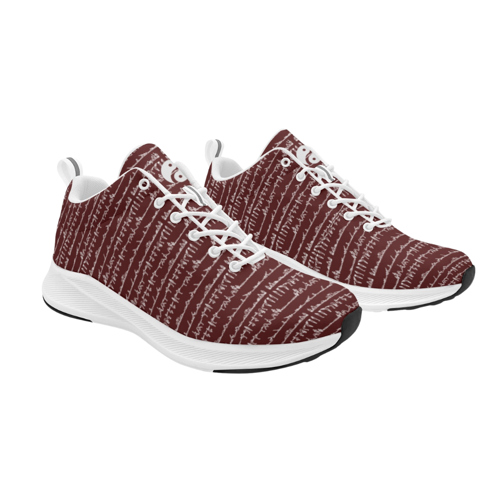Bikram Ember iSquared Men Runners in dark red with white printed lines, featuring white laces and rubber sole.