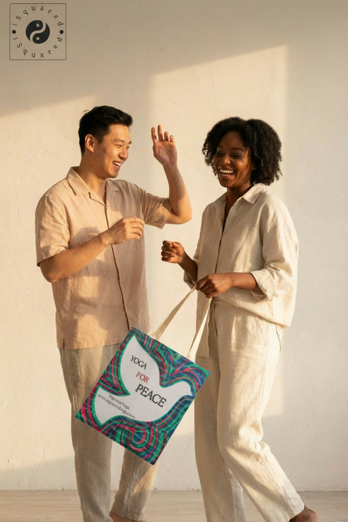 Yoga For Peace iSquared tote bag in 100% cotton canvas with double-sided peace print and shoulder straps