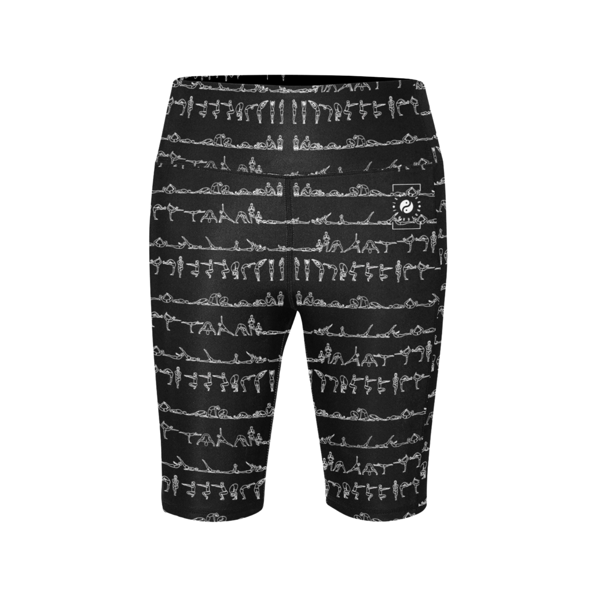 High-waisted black biker shorts with white yoga pose print, featuring two side pockets for storage.