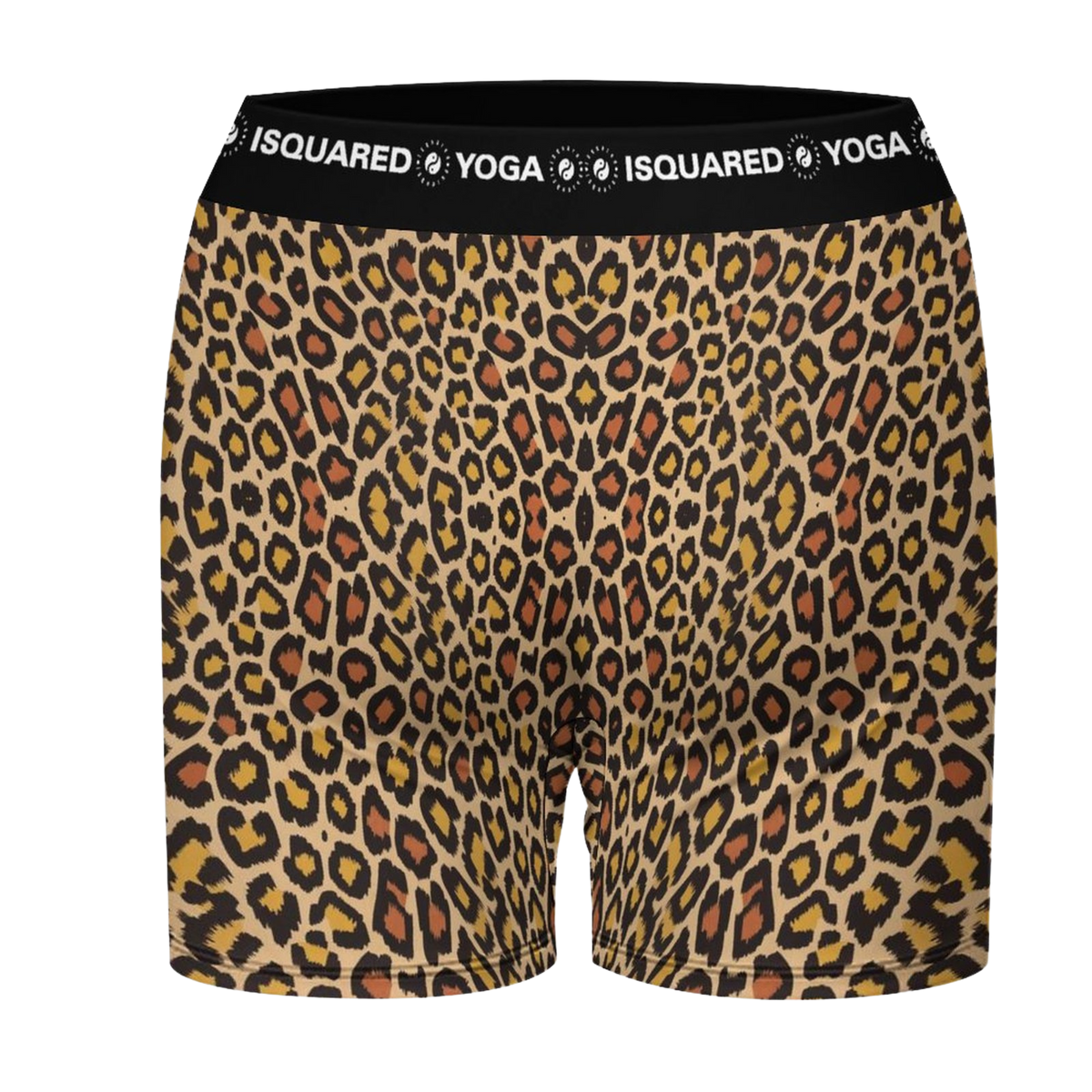 Wild Leopards iSquared Yoga Shorts featuring a classic leopard print in golden and black, with a wide black waistband.