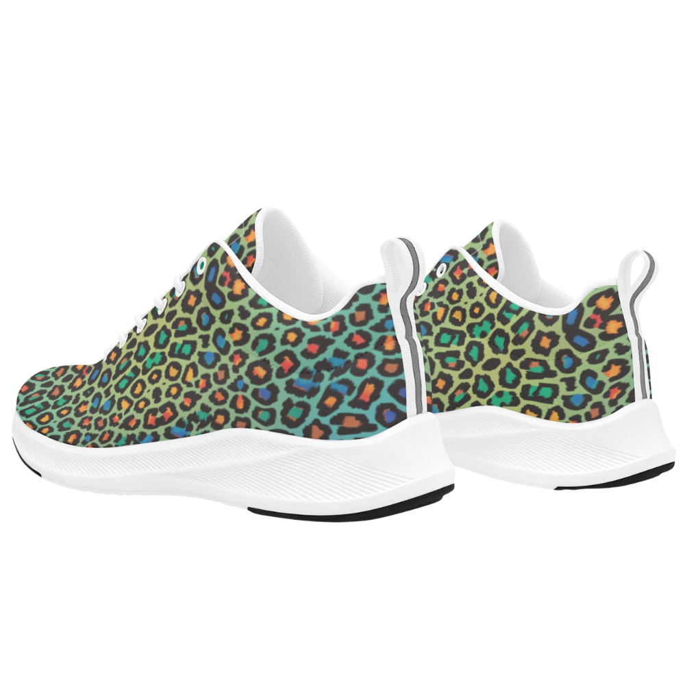 Colorful leopard print runners featuring green, black, and orange spots with a white sole and supportive design.