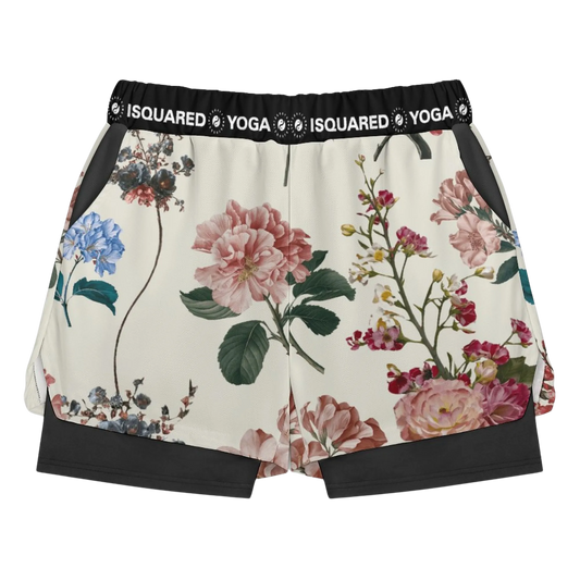 Botanicals Compression Yoga Shorts with floral pattern in soft pastel colors; features an elastic waistband and side pockets.