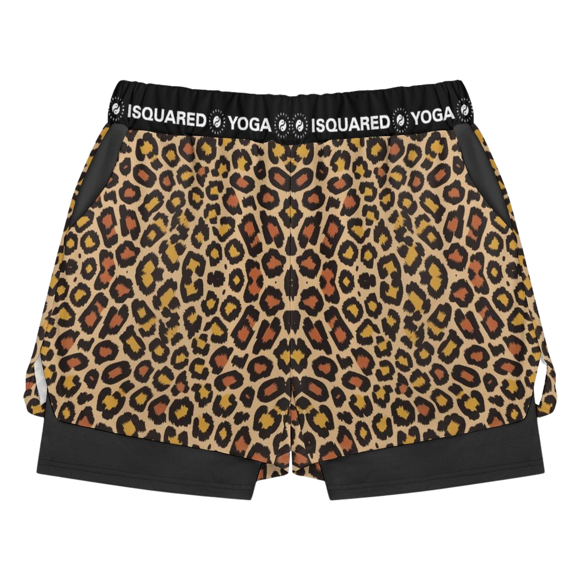 Compression yoga shorts in a vibrant wild leopard print with golden, black, and orange spots, featuring a black elastic waistband and side pockets.
