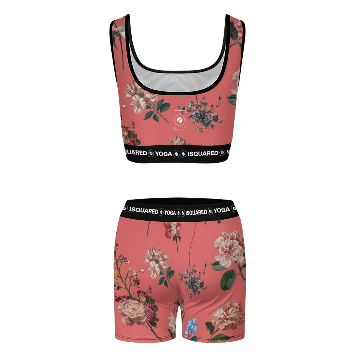 Botanicals iSquared Yoga Set in vibrant coral, featuring a floral pattern, cropped top with wide straps, and fitted shorts.
