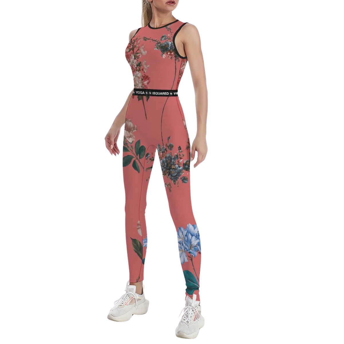 Sleeveless coral jumpsuit featuring floral patterns, body-contouring fit, and an elastic waistband, worn with white sneakers.