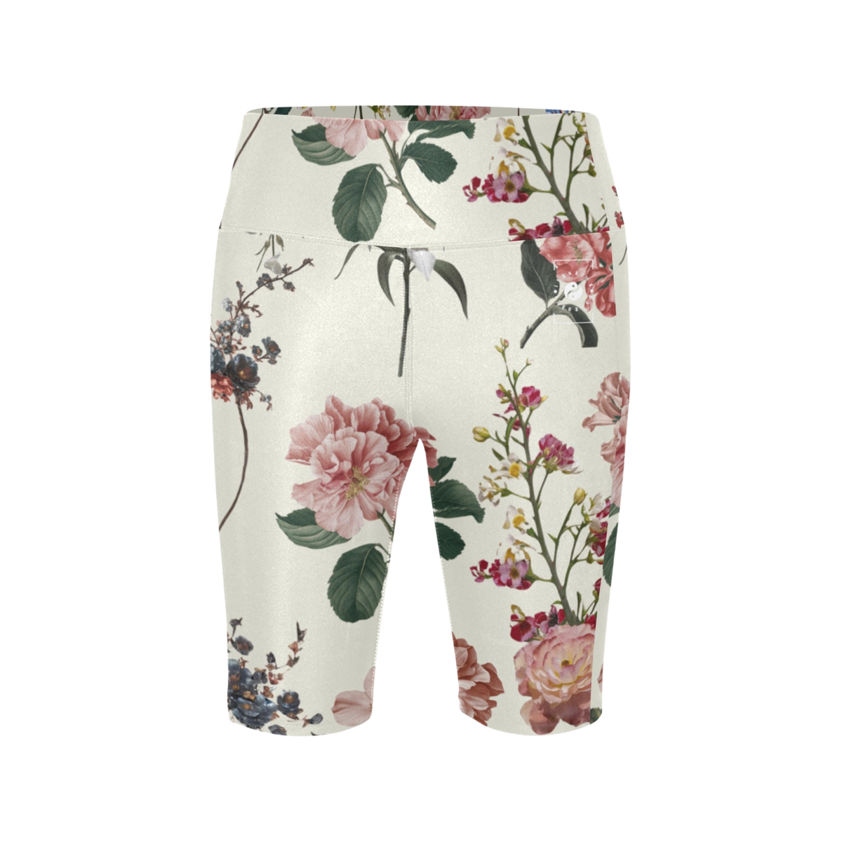 High-waisted, biker-length shorts with a floral design in shades of pink, green, and purple on a light background.
