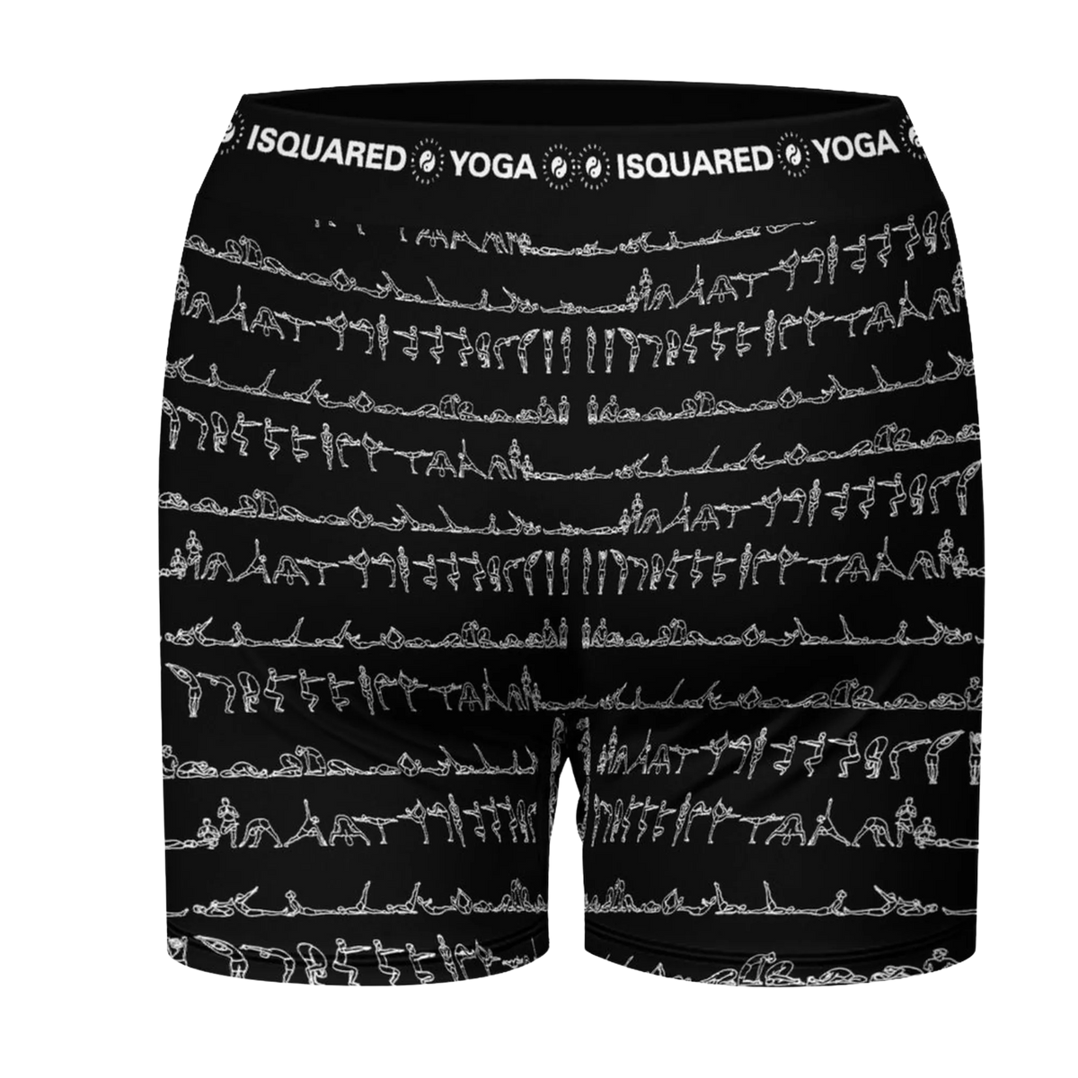 Black unisex yoga shorts featuring white line art of various poses across the fabric, with a wide elastic waistband.