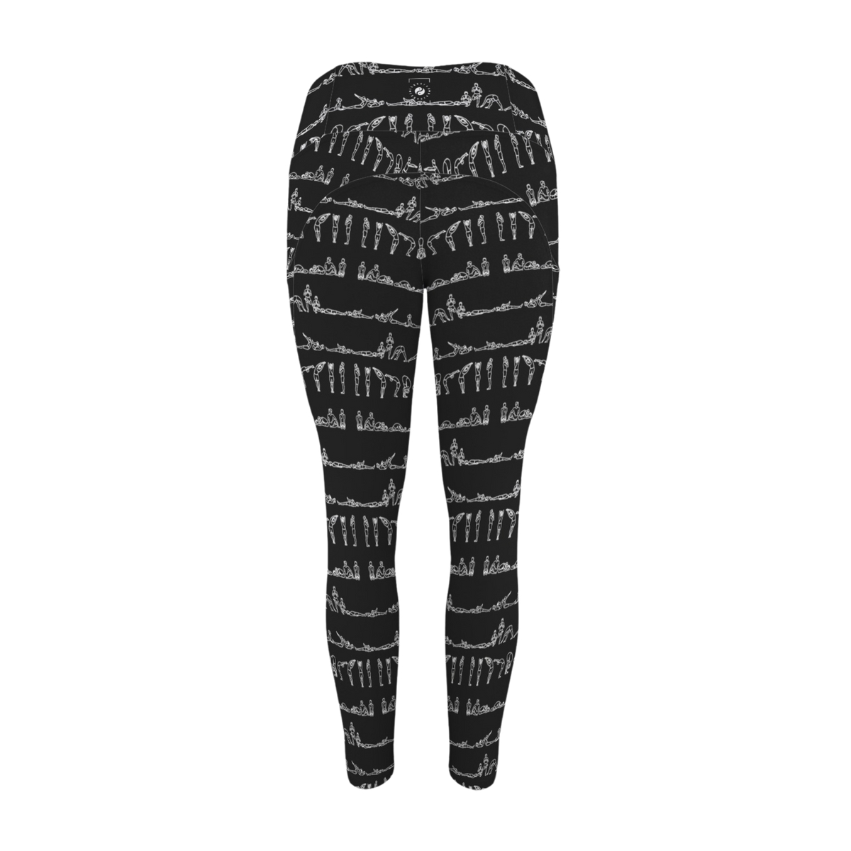Bikram Ember pocket leggings in black with a white yoga pose pattern, featuring a high-rise waistband and snug fit.