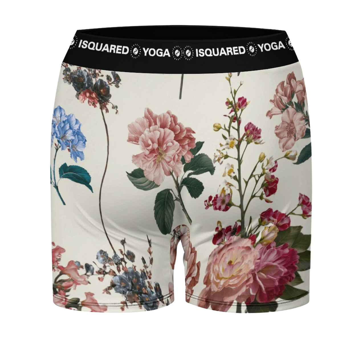 Floral-patterned iSquared Yoga Shorts featuring a wide black elastic waistband, designed for comfort and versatility.