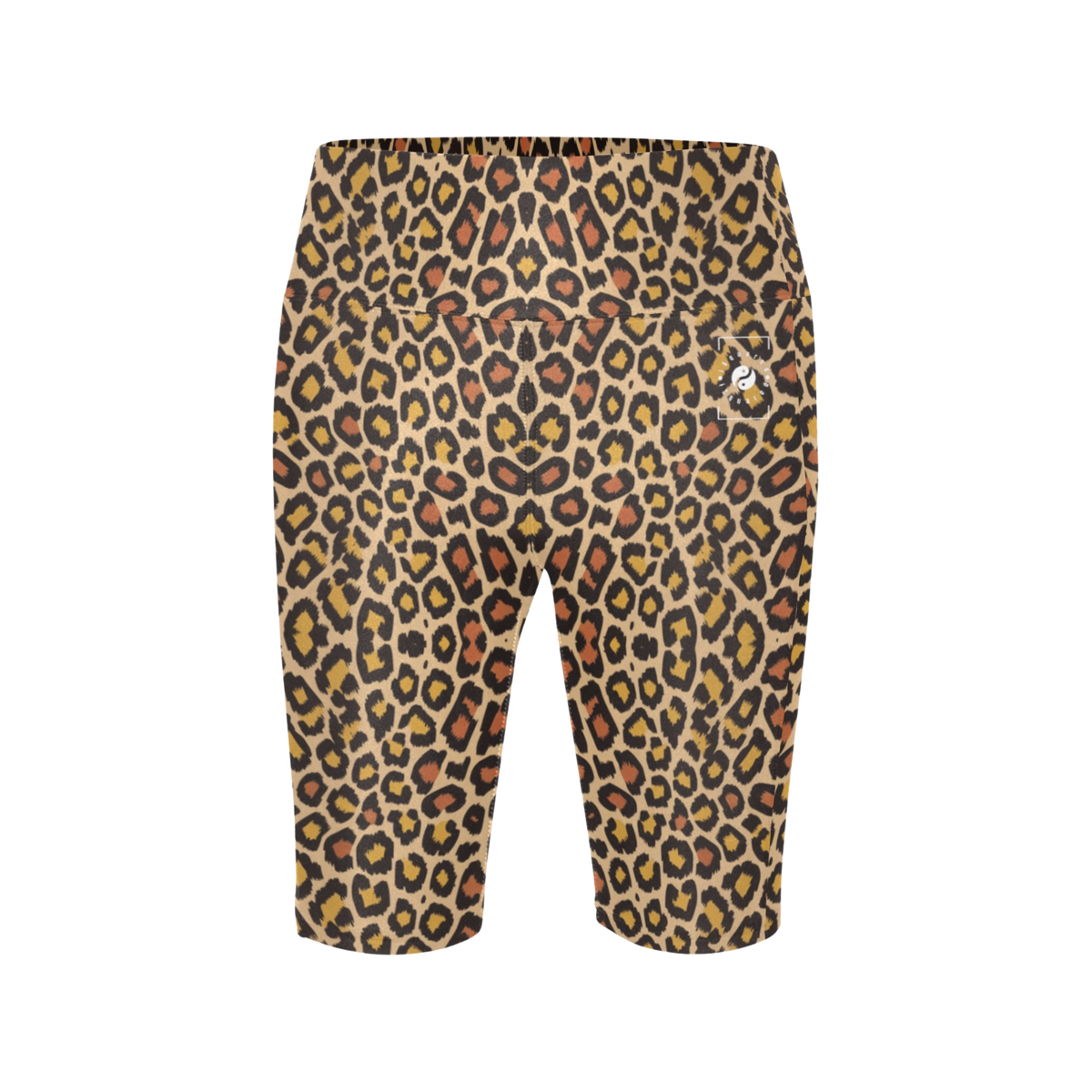High-waisted biker shorts featuring a bold leopard print in golden and black with orange accents, designed for comfort and movement.