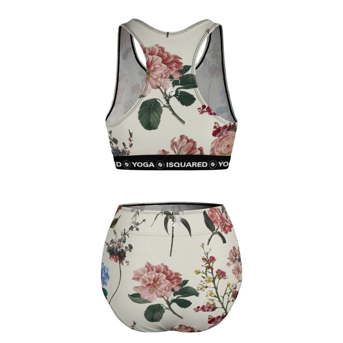 Botanicals hot yoga bikini set featuring a floral print in soft beige tones, with a racerback top and high-waisted bottoms.