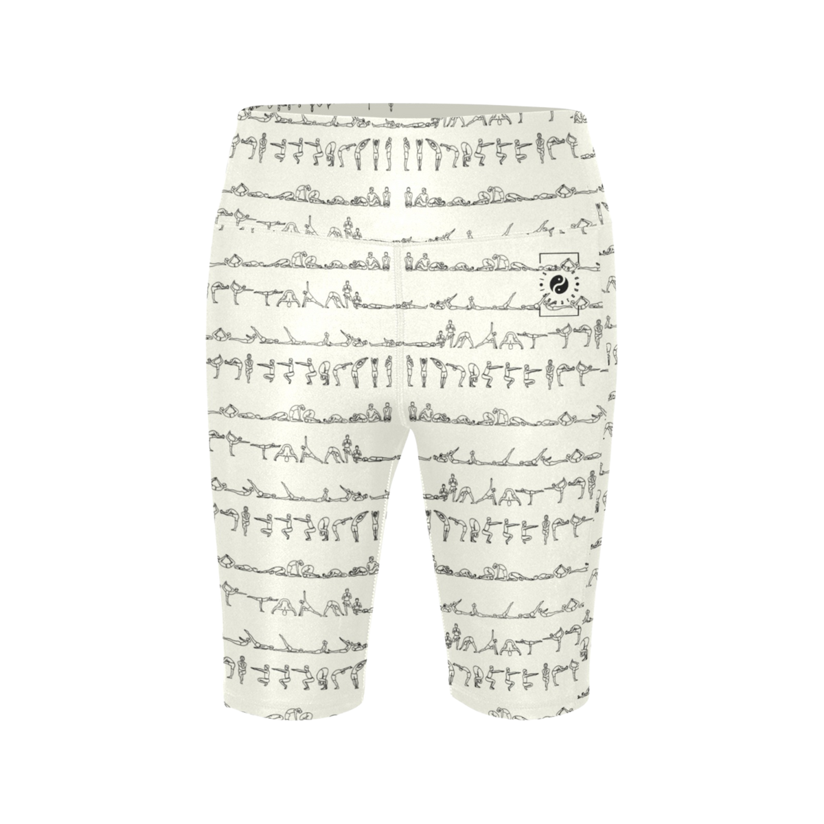 Bikram Series iSquared Maureen Shorts in white with black line art depicting yoga poses, featuring a high-waisted biker length design.