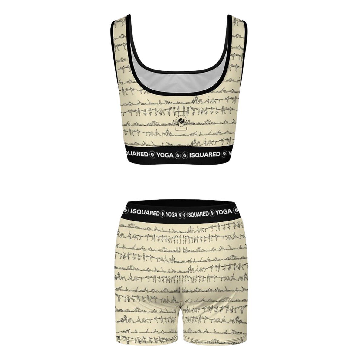 Bikram Pastel iSquared Yoga Set featuring a cream background with black yoga poses, includes a crop top and shorts.