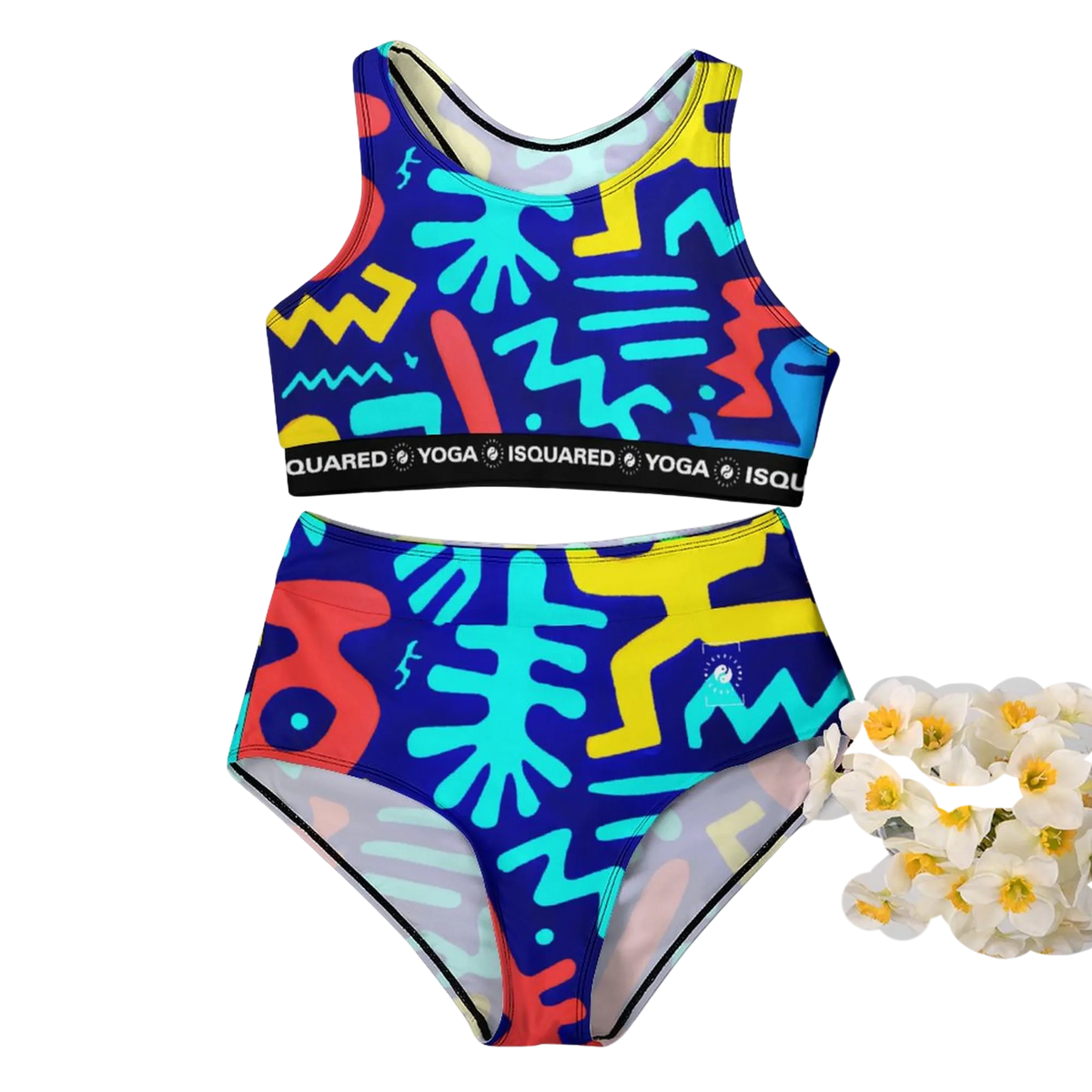 Colorful bikini set featuring a cropped top with a wide band and high-waisted bottoms, both adorned with abstract patterns.