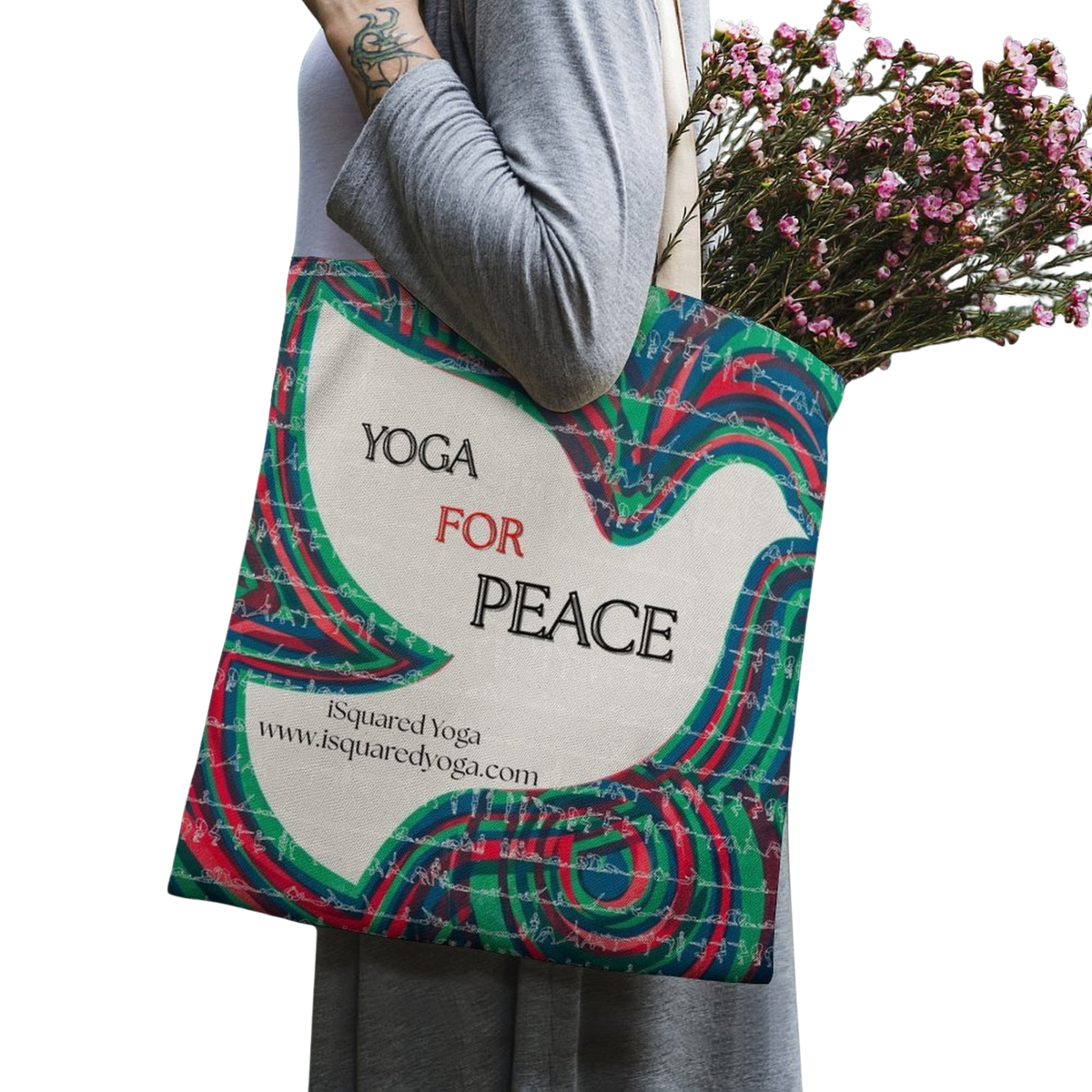Yoga For Peace iSquared tote bag in 100% cotton canvas with double-sided peace print and shoulder straps