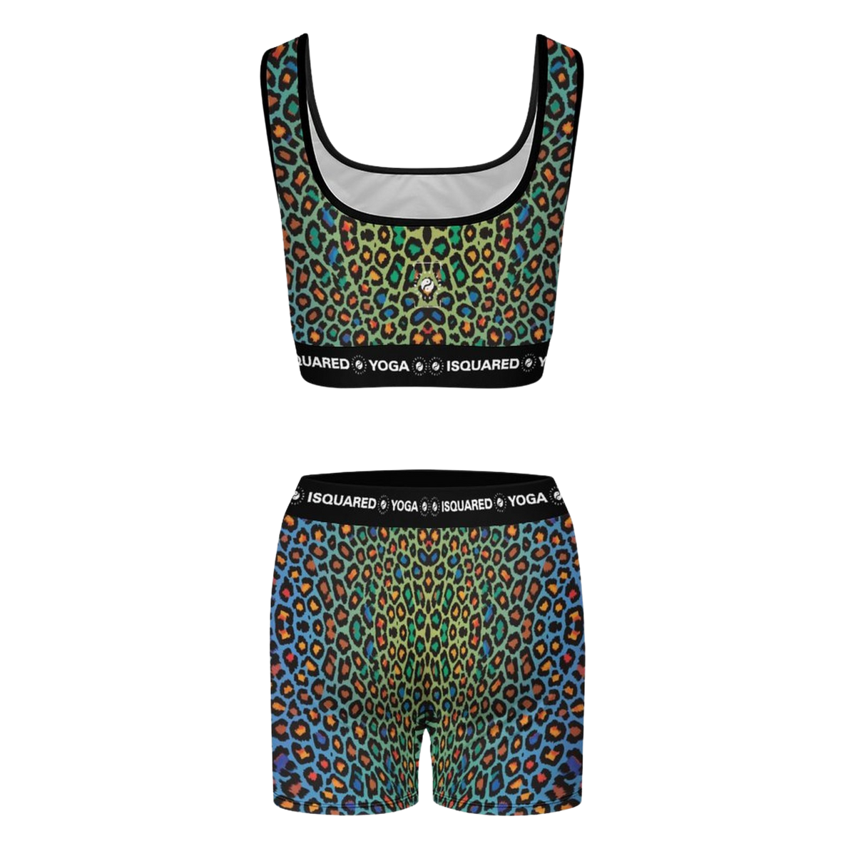 Colorful Wild Leopards yoga set featuring a scoop-neck crop top and high-waisted shorts in vibrant green, orange, and blue leopard print.