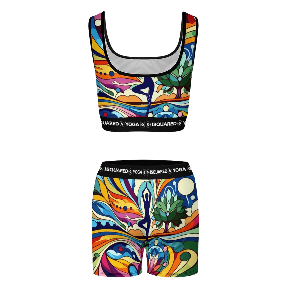 Colorful iSquared Yoga Set featuring a scoop neck sports bra and fitted shorts, both with vibrant abstract patterns.