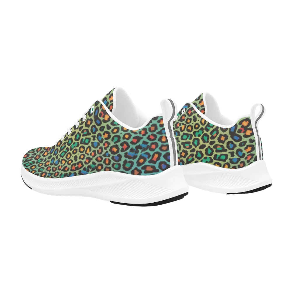 Colorful leopard print shoes featuring green, orange, and blue spots with a breathable white sole. Perfect for daily wear.