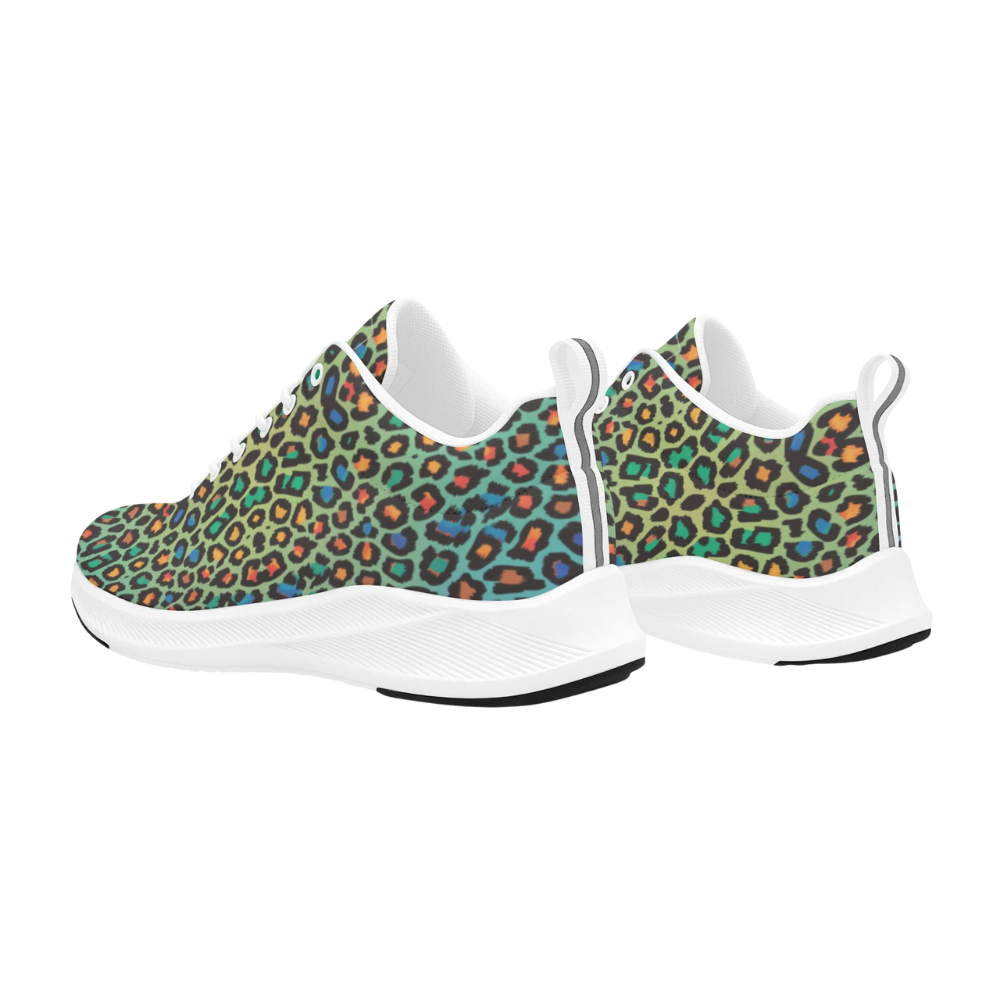 Colorful leopard print shoes featuring green, orange, and blue spots with a breathable white sole. Perfect for daily wear.