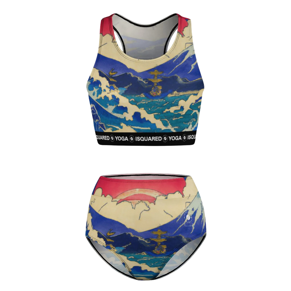 Hot Yoga Bikini Set featuring a colorful wave pattern, crop top with a high neckline, and matching high-waisted bottoms.