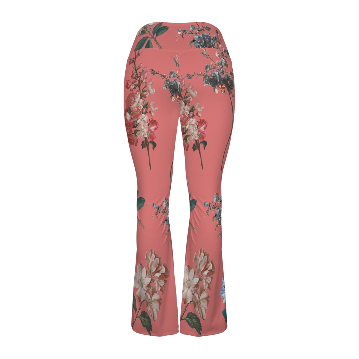 Flare leggings in vibrant coral with floral patterns, featuring a crossover waistband for a secure fit and elegant design.