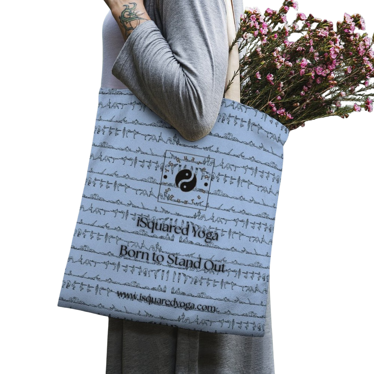 Bikram Pastel iSquared Yoga tote bag in 100% cotton canvas with double-sided 26-posture Bikram series print