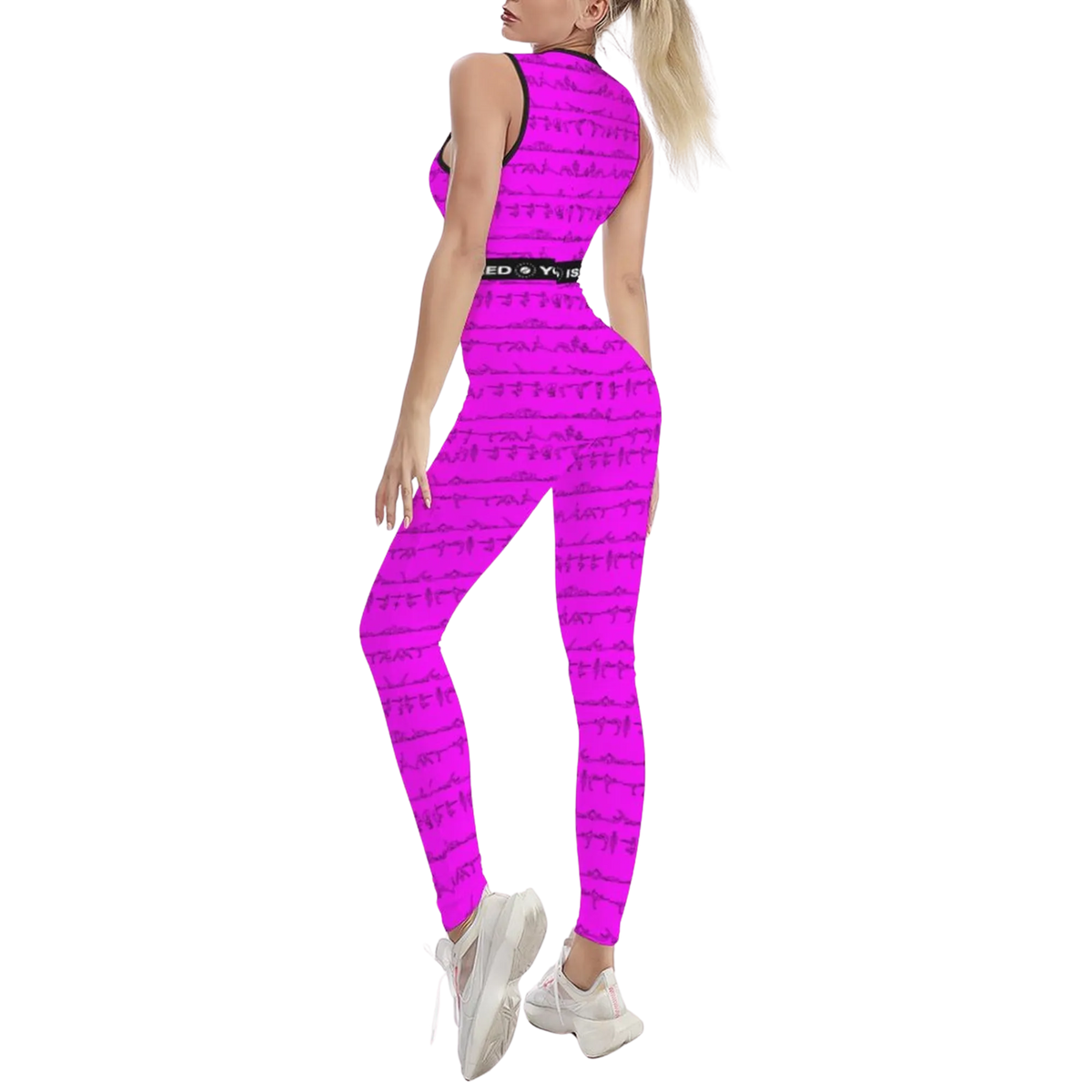 Sleeveless pink jumpsuit with a textured print, fitted design, and elastic material, paired with white sneakers.