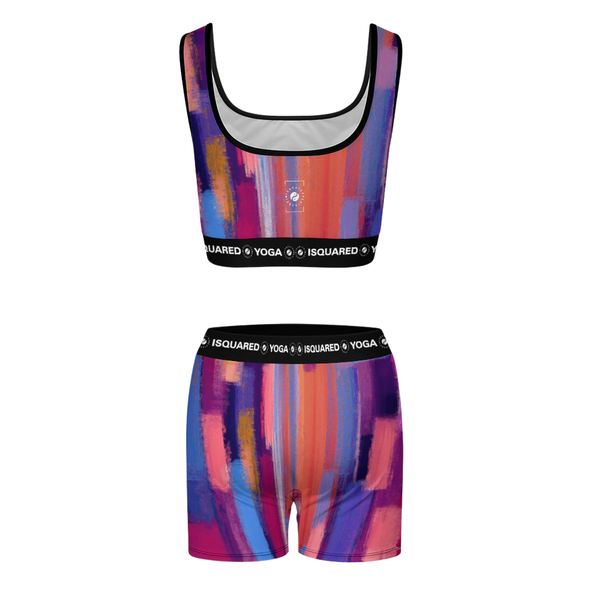 Colorful iSquared Yoga Set featuring a sports bra and high-waisted shorts with a vibrant abstract print and black waistband.