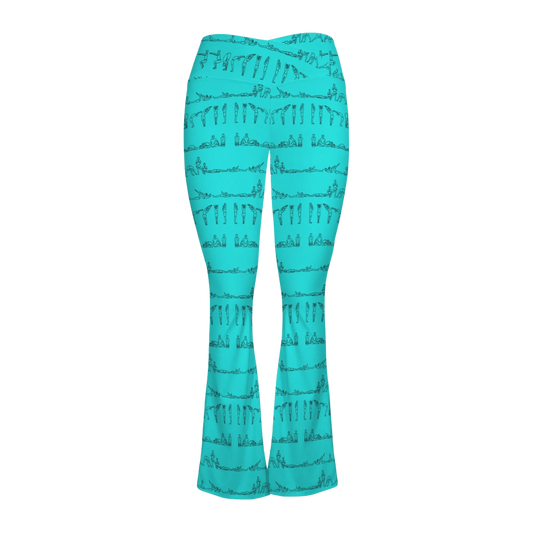 Turquoise cross waisted flair leggings featuring black yoga pose graphics throughout, designed for comfort and style.