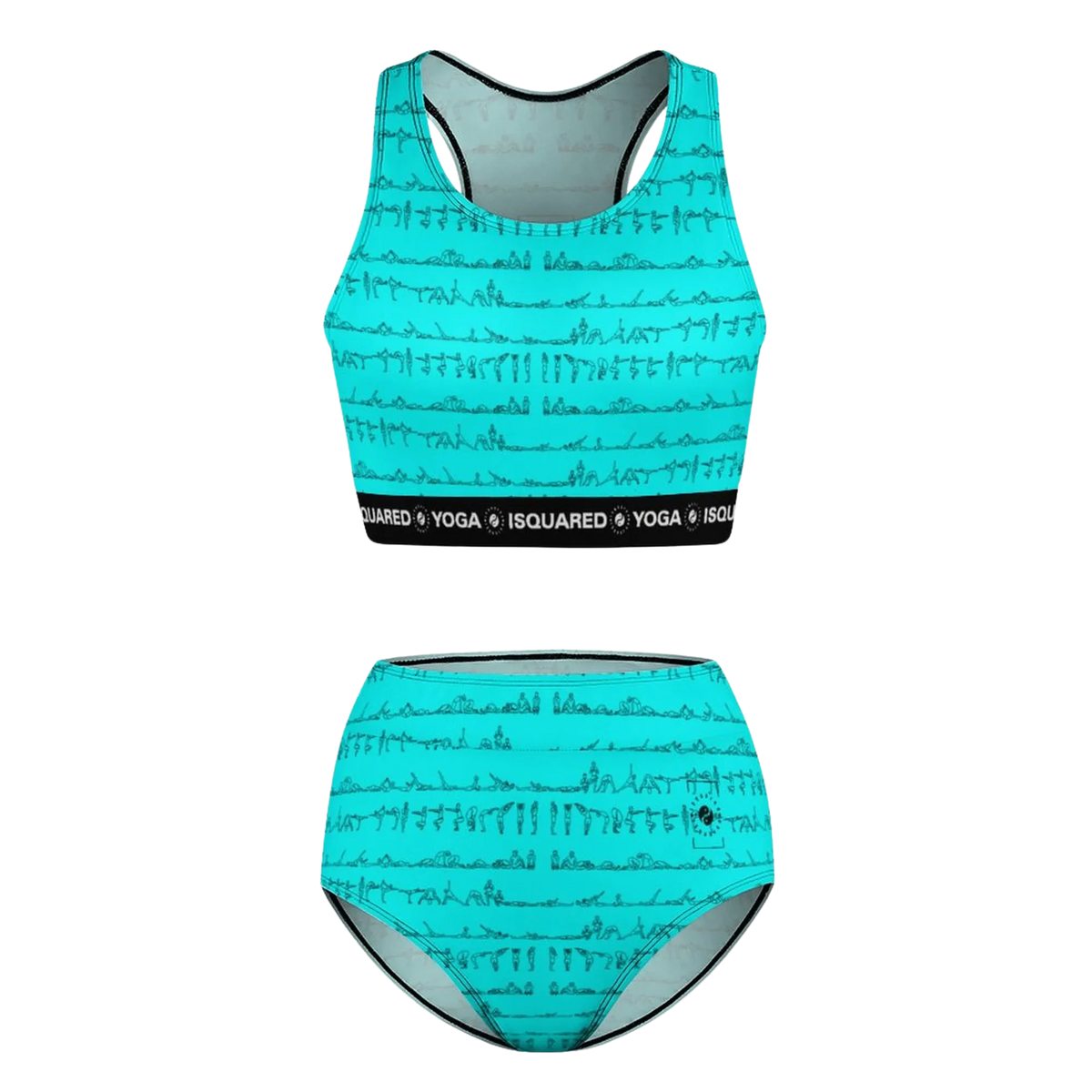 Bikram Series Hot Yoga Bikini Set in vibrant turquoise featuring yoga pose prints, with a supportive crop top and high-waisted bottoms.