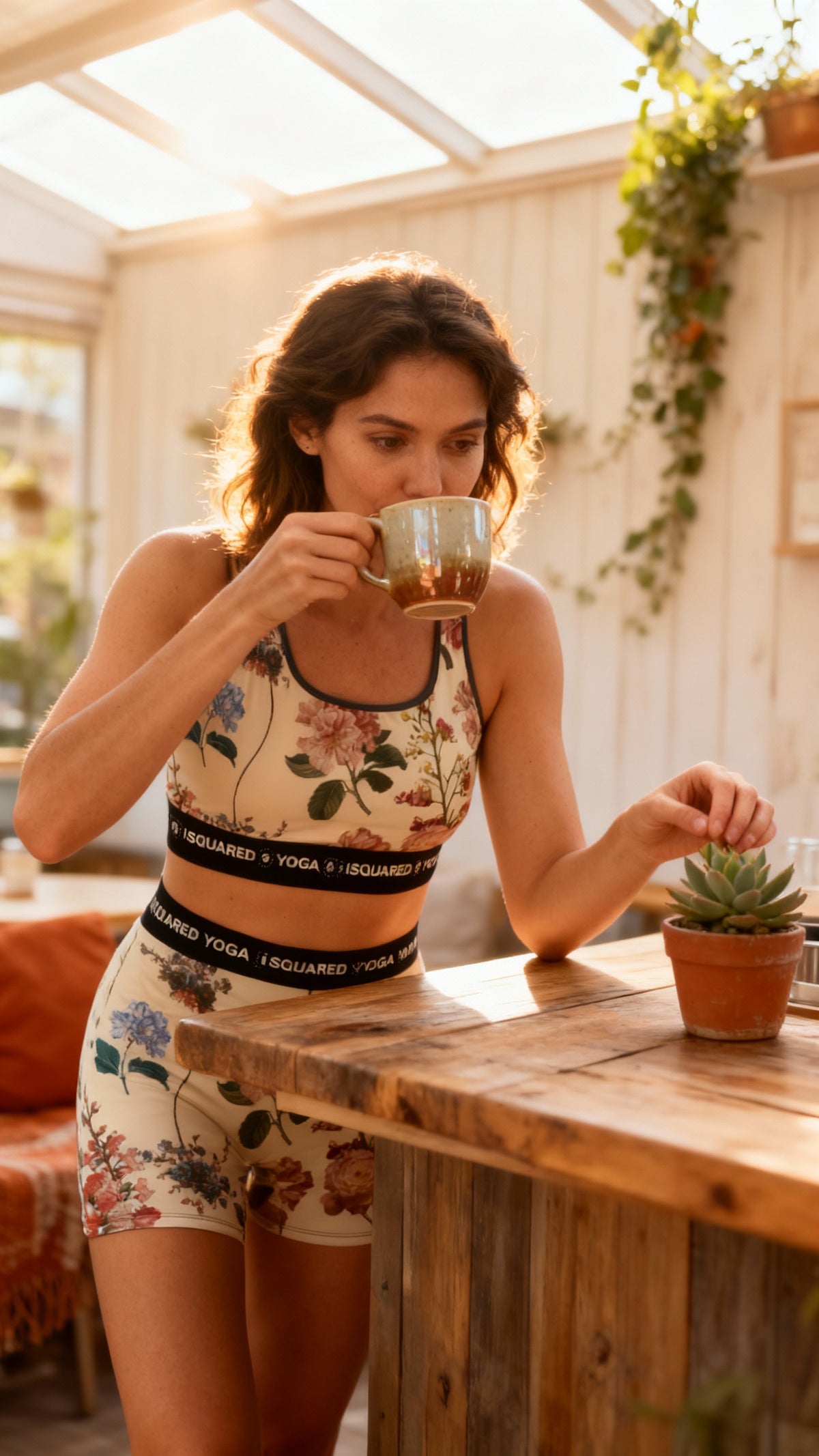 Vibrant floral print yoga set in cream worn by a model holding a mug, featuring a fitted sports bra and shorts.