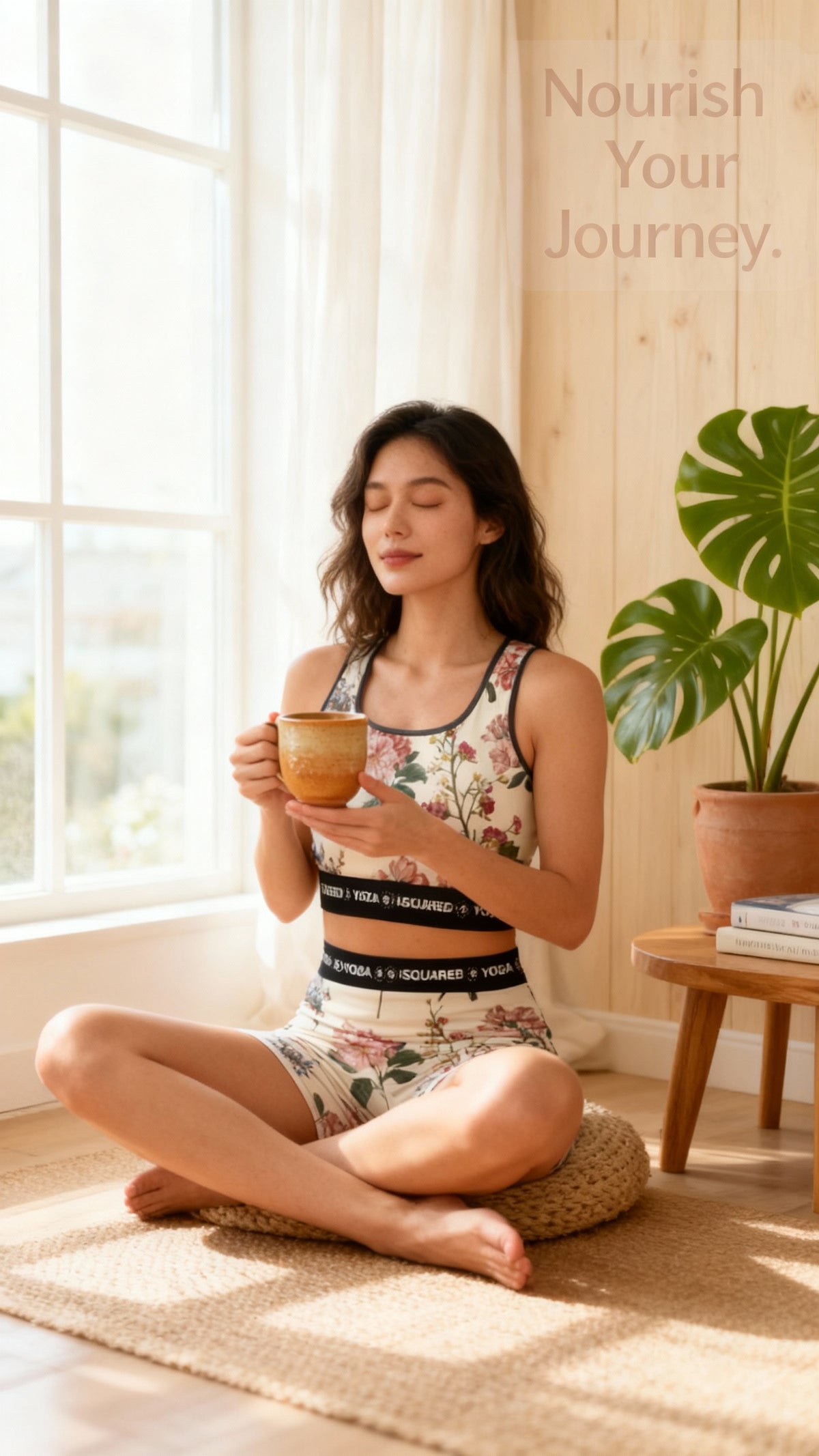 Botanicals iSquared Yoga Set featuring a floral pattern, worn by a seated model holding a cup, ideal for relaxed practice.